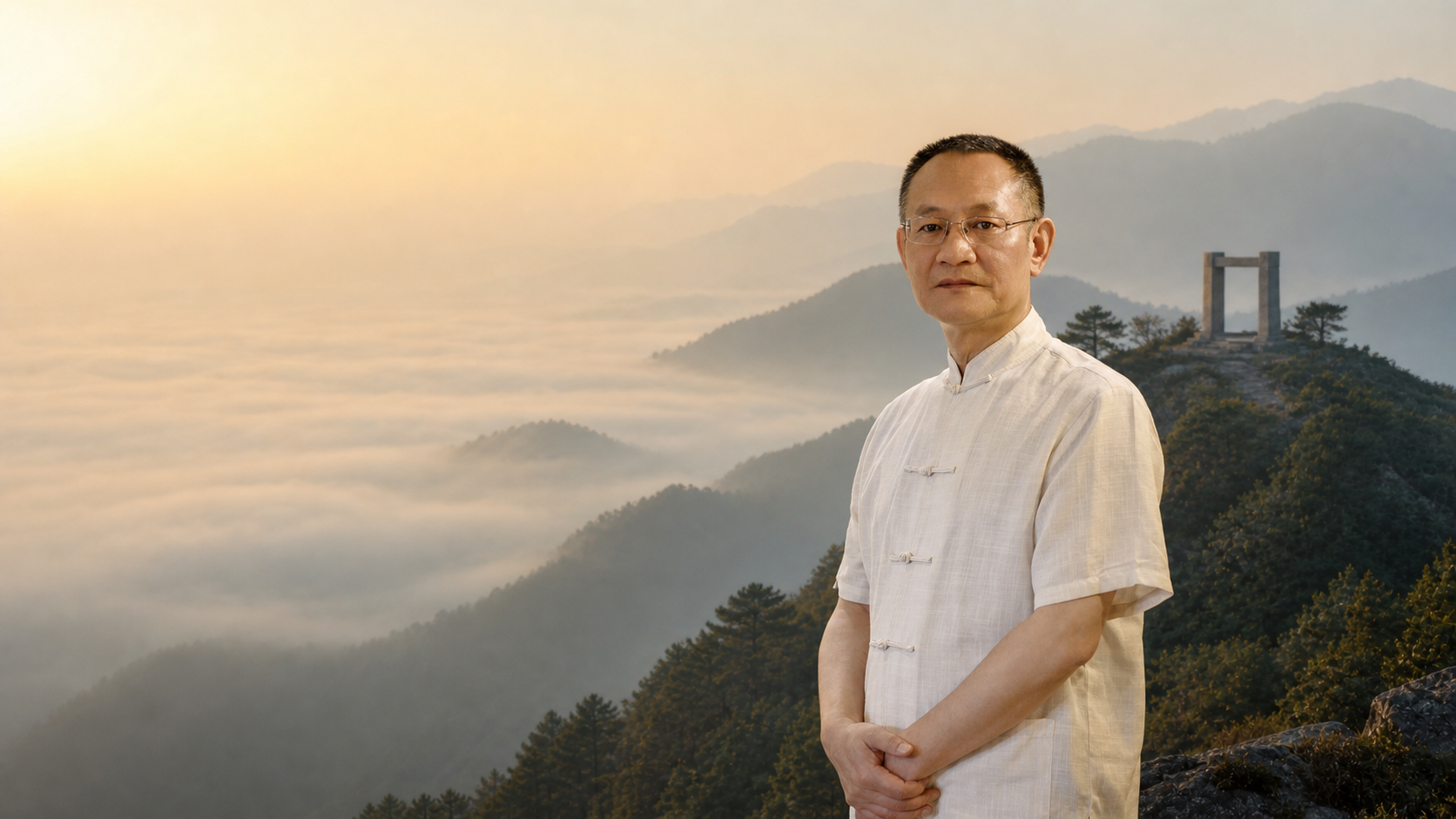 老道覃宏站在群山与晨雾之间